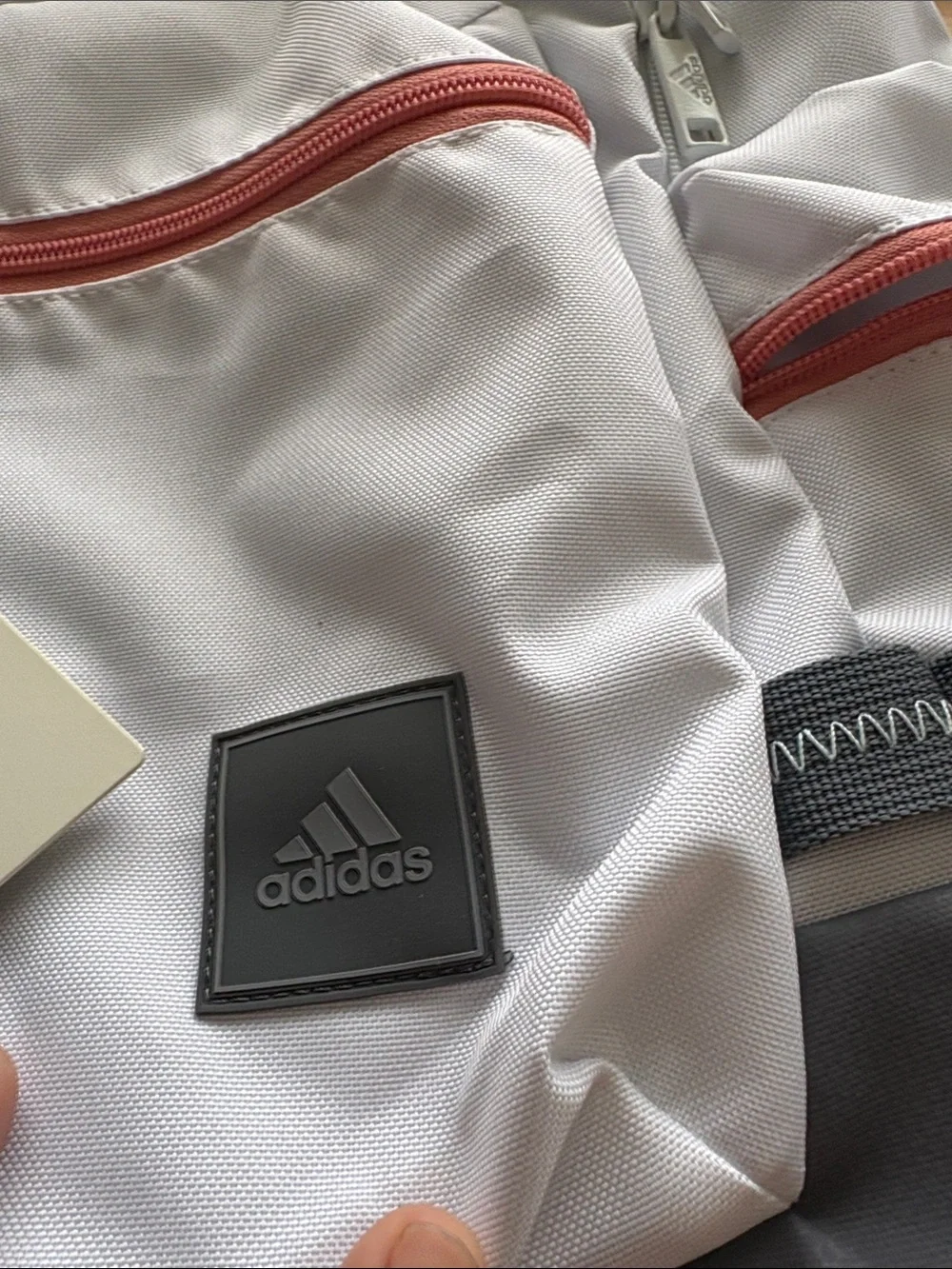 adidas White and Gray Backpack with Pink Zippers
